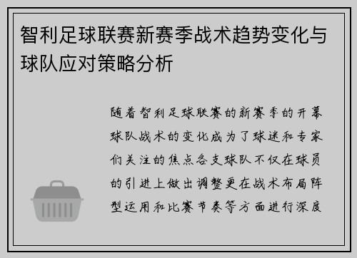 智利足球联赛新赛季战术趋势变化与球队应对策略分析 智利足球联赛新赛季战术趋势变化与球队应对策略分析
