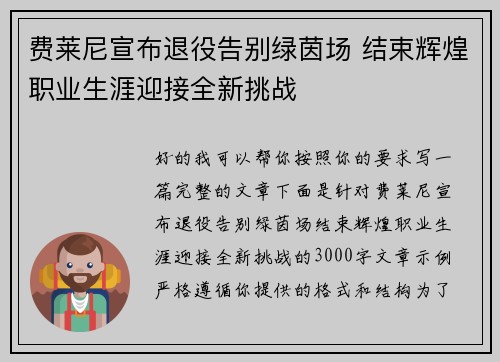 费莱尼宣布退役告别绿茵场 结束辉煌职业生涯迎接全新挑战