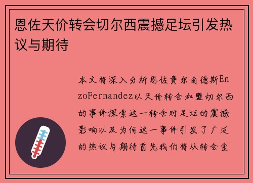 恩佐天价转会切尔西震撼足坛引发热议与期待