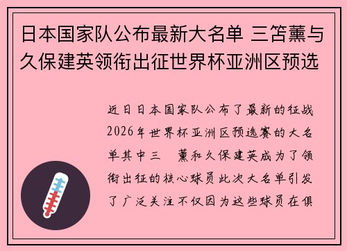 日本国家队公布最新大名单 三笘薰与久保建英领衔出征世界杯亚洲区预选赛